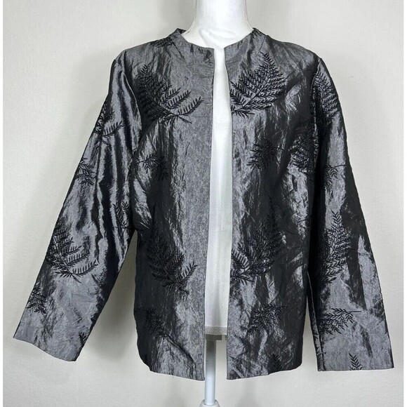 Soft by Avenue Open Front Metallic Gray Fern Embroidery Jacket Plus Size 14/16 - Picture 1 of 12